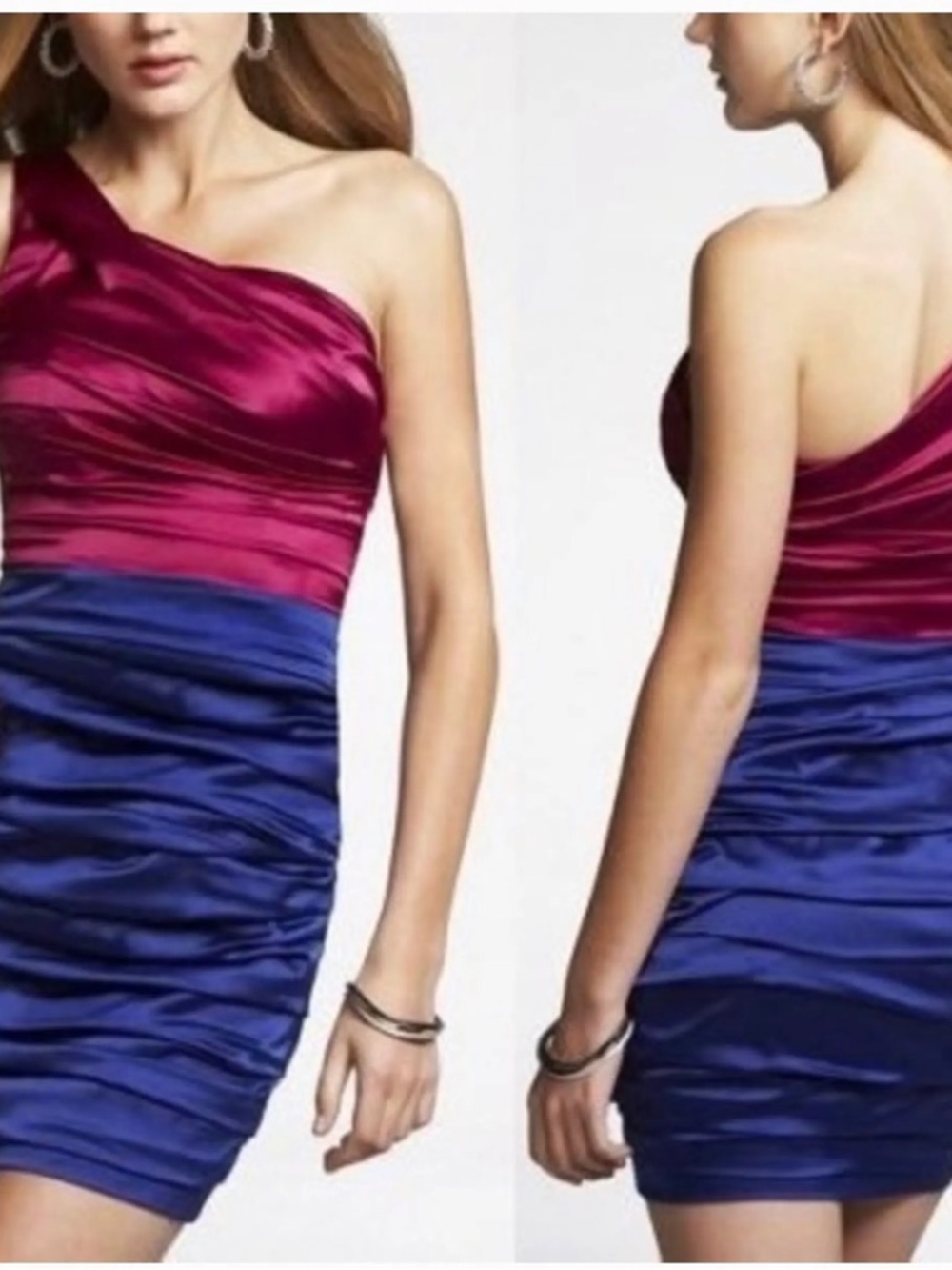 Express One-Shoulder Fuchsia and Royal Blue Colorblock Cocktail Dress // Size 0